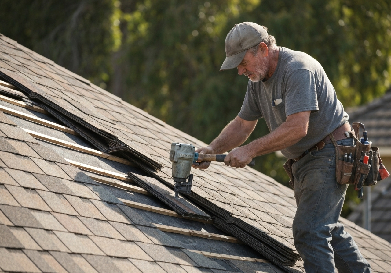 Roofer repairing shingles rooftop