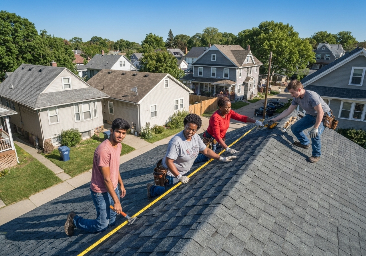 roofing team repairing large roof