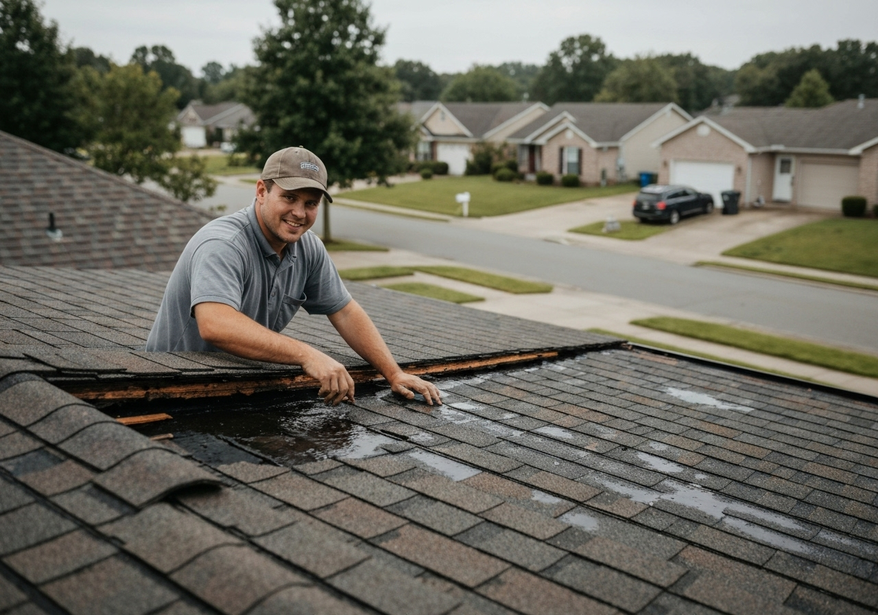 technician inspecting damaged roof
