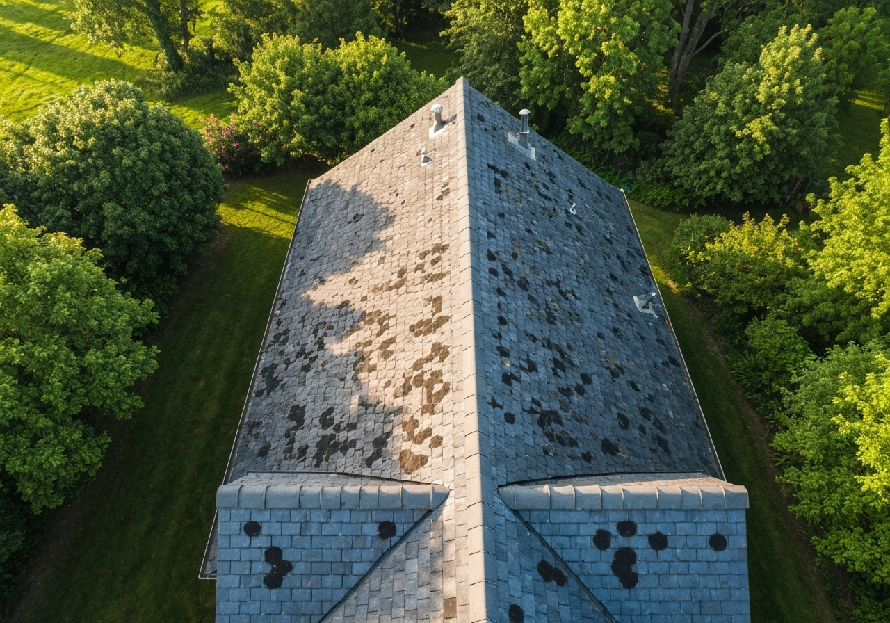 Aerial view of roof with mold spots